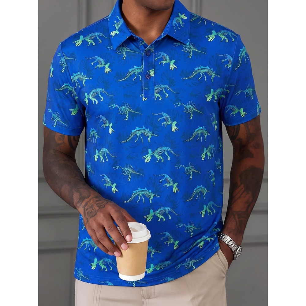 Birdie Bound Polo Shirt Mens Small Blue Dinosaur Skeleton Print UPF 50 Golf Tee